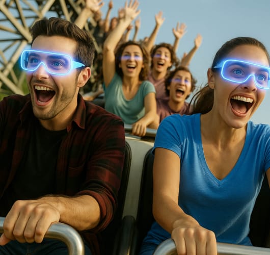 Stone tunnel opening to golden light over coaster track
