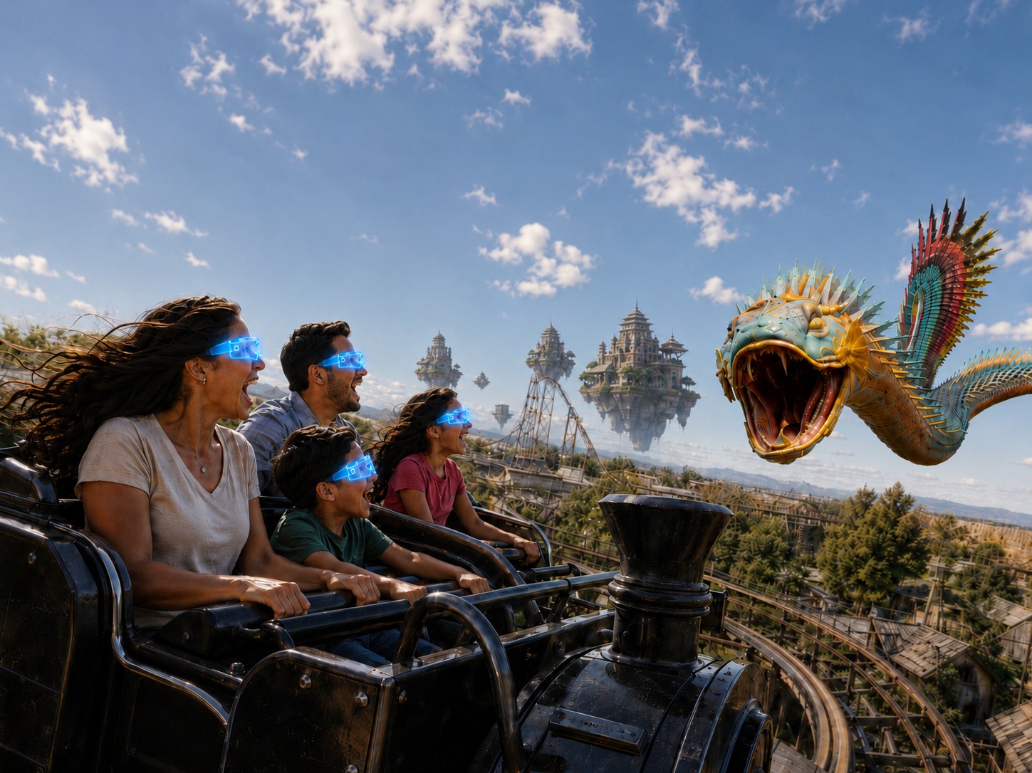 Family on the coaster face-to-face with a giant feathered serpent